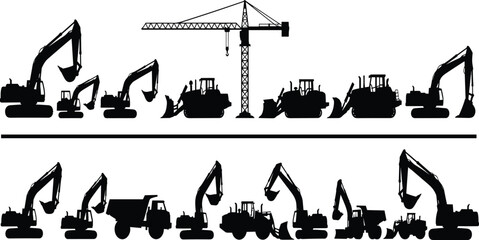 Construction machinery silhouette set featuring excavators, bulldozers, dump trucks, and tower crane, heavy equipment icons for industrial projects © Shadhona