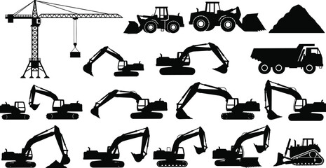 Construction machinery silhouette icon set with excavators, loaders, bulldozers, dump trucks, and tower crane for industrial engineering design projects © Shadhona