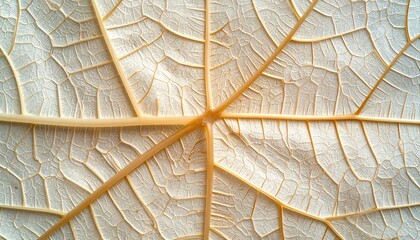 Detailed Macro View of a Dry Leaf Skeleton Showing Intricate Veins and Cellular Structure Illuminated from Behind