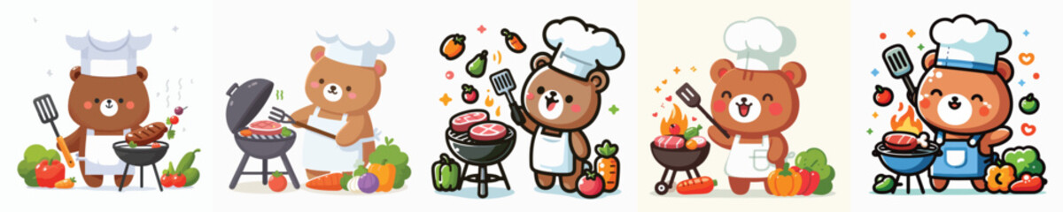 cute bear vector is grilling meat