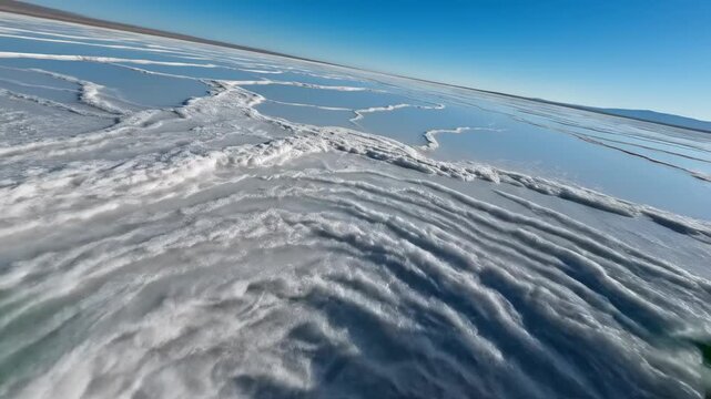 Wide drone shot sweeping across intricate textured salt flats resembling a highly complex topographical map of a quantum wave state slow pan, earth science, white salt