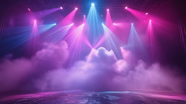 Colorful stage lighting with vibrant pink and blue beams illuminating a foggy atmosphere, showcasing dynamic light patterns and cloud formations in a theatrical setting