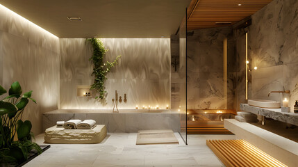 spa bathroom interior, natural stone, warm wood accents, soft indirect lighting, minimalist luxury, modern wellness design, ultra realistic interior photography