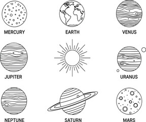 Hand drawn solar system planet icons with Sun and labeled planets, minimal line art astronomy illustration for education and design use © Shadhona