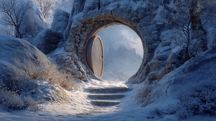A stone archway with a large wooden door stands open in a snowy landscape with stairs leading up to it surrounded by bare trees and bushes covered in snow
