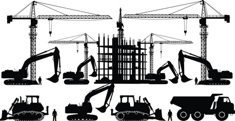 Large construction site silhouette with tower cranes, excavators, bulldozers, and dump truck, urban building development and heavy machinery scene © Shadhona