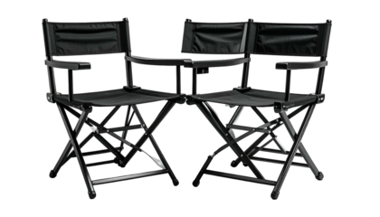 Two sleek, black director's chairs arranged together against a dark background