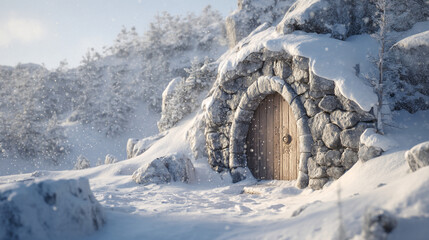 A small wooden door set in a stone structure nestled in a snowy mountain landscape with trees and rocks covered in snow during a snowfall