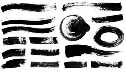 Black paint strokes and swirls on white background, various shapes and textures