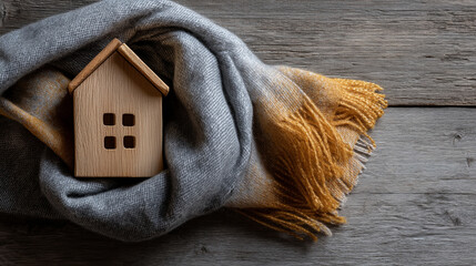 A small wooden house model is wrapped in a cozy gray and orange blanket on a rustic wooden surface