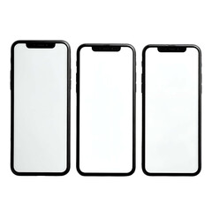 Three identical smartphones with blank white screens against a black background