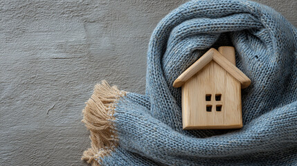 A small wooden house model wrapped in a blue knitted blanket on a gray textured background