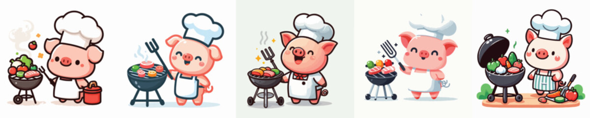cute pig vector is grilling meat
