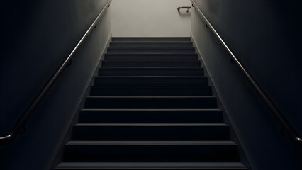Mysterious and dimly lit staircase ascending towards an unseen light, creating an intriguing path of shadows and anticipation, hinting at a new beginning or hidden discovery