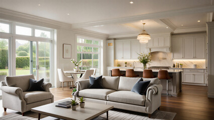 Modern living room and kitchen interior with comfortable furniture and large windows