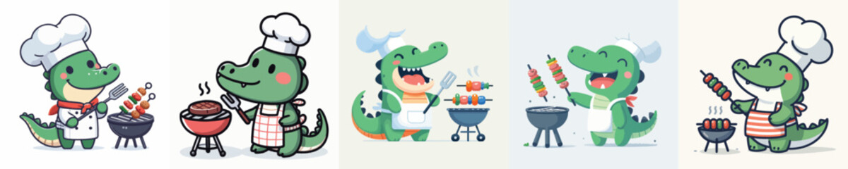 cute crocodile vector is grilling meat