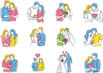 Fototapeta premium Hand-Drawn Line Art Vector Icon Set of Couples in Various Stages of Love and Relationships, Including Dating, Hugging, Proposing, and Wedding Scenes.