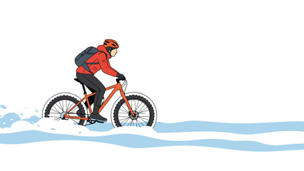 Obraz premium Determined person in winter cycling gear skillfully rides a fat bike through deep snow, creating exhilarating splashes in a winter adventure.