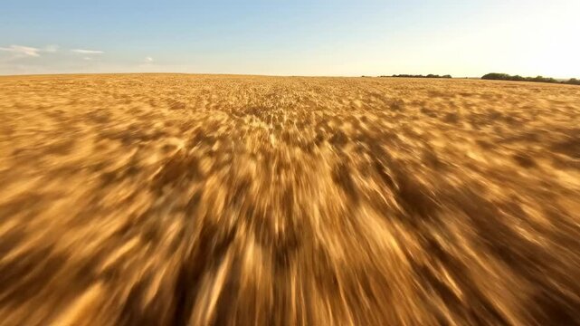 Wide low-altitude aerial glide over a vast golden wheat field swaying rhythmically in the breeze under bright natural lighting farming, sweeping shot, agriculture