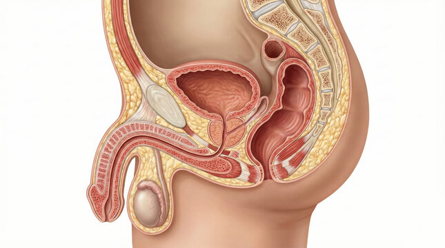Sagittal view of the male reproductive and urinary systems, illustrating organs like the penis, scrotum, testes, prostate, bladder, and rectum.