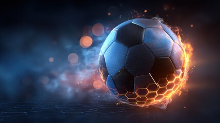 Fototapeta premium Dynamic soccer ball engulfed in bright orange fire and blue smoke. Dramatic sports concept background