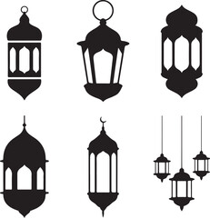 Collection of six black silhouette icons featuring various styles of traditional ramadan lanterns or fanoos lighting fixtures