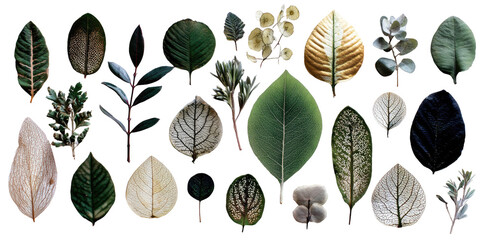 Assorted plant leaves in various colors and patterns