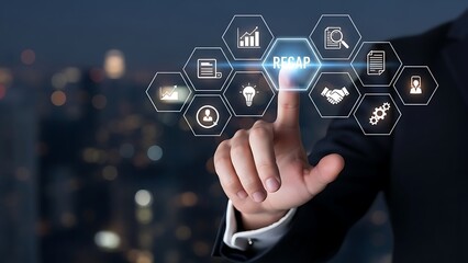 Businessman interacting with digital interface showcasing various icons and concepts