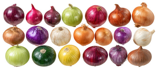 Assorted colorful onions arranged in a grid pattern