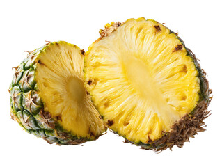 Two halves of a pineapple, close-up.  Fresh, vibrant yellow flesh is visible, contrasted by the green spiky exterior.  The cut shows the intricate pattern of the fruit's interior