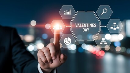 Businessman Selecting Valentines Day Option on Digital Interface with Data Icons