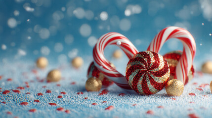 A festive holiday scene featuring red and white candy canes and a red and gold glittery peppermint candy on a blue background with scattered red and gold decorations