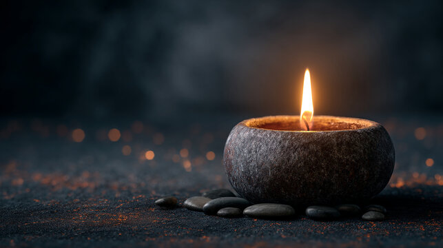 A lit candle in a stone bowl surrounded by small stones on a dark surface with a blurry background