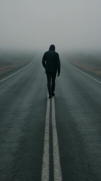 A lone figure walks down a desolate road shrouded in thick fog. This atmospheric scene evokes feelings of mystery, solitude, and an uncertain journey.