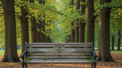 A weathered wooden bench sits alone in a serene forest surrounded by tall trees and fallen leaves