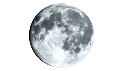 A detailed image of a full moon in space, showcasing craters and illuminated textures