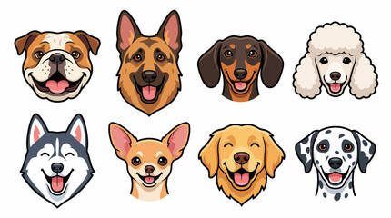 Collection of eight smiling cartoon dog faces including popular breeds like Golden Retriever, Poodle and Husky on white background, concept for pet shop logos, vet services and animal welfare ads