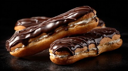 Chocolate eclairs placed asymmetrically, black background