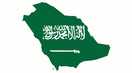 Geographic silhouette map of Saudi Arabia overlaid with the national flag isolated on white, concept for political analysis, geography education and international travel guides