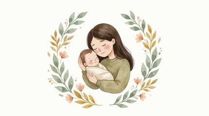 Gentle watercolor illustration of a mother embracing her newborn baby inside a delicate botanical wreath, concept for maternity care, baby shower cards and family announcements