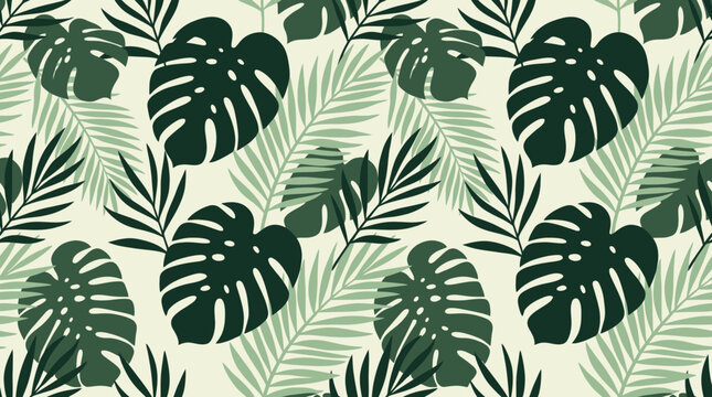 Detailed seamless jungle pattern featuring dark green Monstera leaves and pale green palm fronds graphic, concept for textile design, wallpaper printing and summer decoration