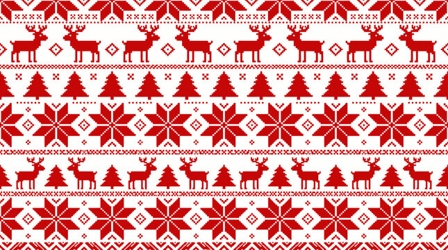 Seamless red and white Nordic pattern featuring pixel reindeer, Christmas trees and snowflakes, concept for winter textile design, holiday gift wrapping and seasonal web illustration