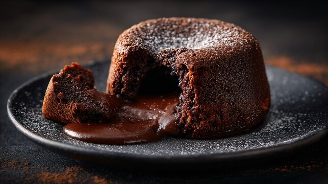 Chocolate lava cake centered on dark background, subtle highlight, space for text