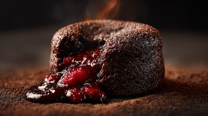 Chocolate lava cake centered on dark background, subtle highlight, space for text