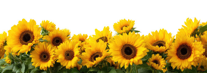 Close-up view of multiple sunflowers in a cluster, bright yellow petals surrounding dark brown centers, with green leaves