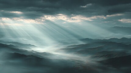 Mystical Sunbeams Pierce Through Ethereal Fog Over Wavy Ocean Surface.