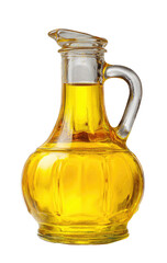 Clear glass oil jug, filled with golden liquid