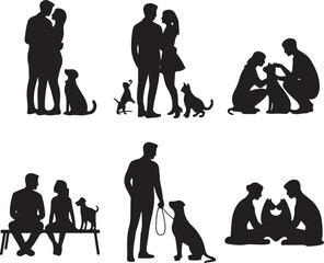 Various black silhouette depictions of couples interacting with their companion dogs and cats in loving moments
