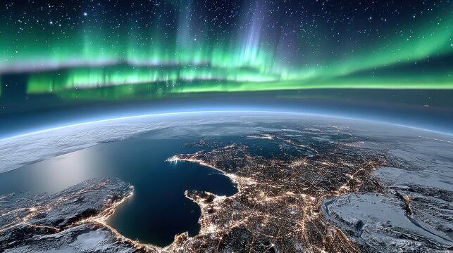 satellite night view of Scandinavia, glowing city lights of Stockholm and Oslo under a curtain of vibrant green Aurora Borealis, stars