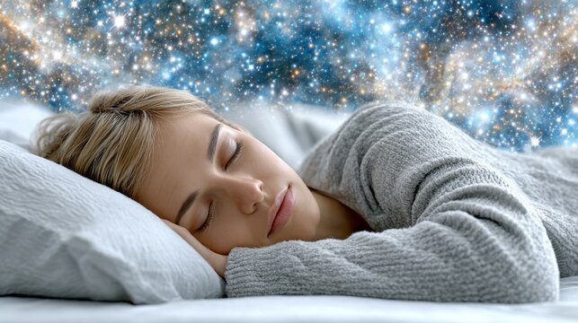 surreal dreamscape, a person sleeping comfortably while floating in deep dark space surrounded by stars, peaceful, concept of deep REM sleep